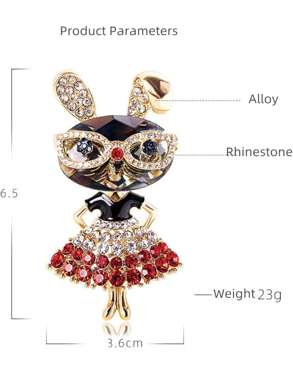 NEW! Cute Crystal Bunny Brooch Pin in Red, Black & Gold with Glasses - Picture 6 of 6